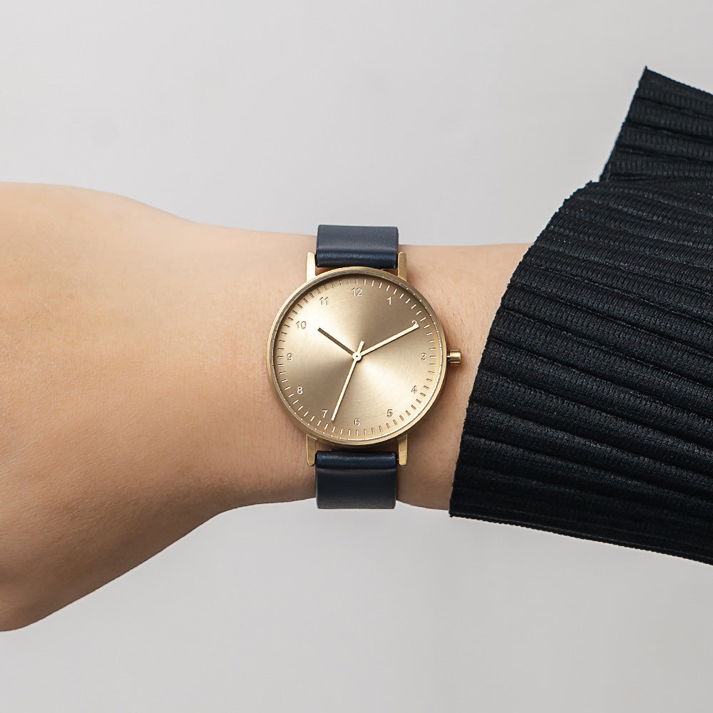 B60 Watch, Gold Case, Gold Dial, Leather Strap - Navy