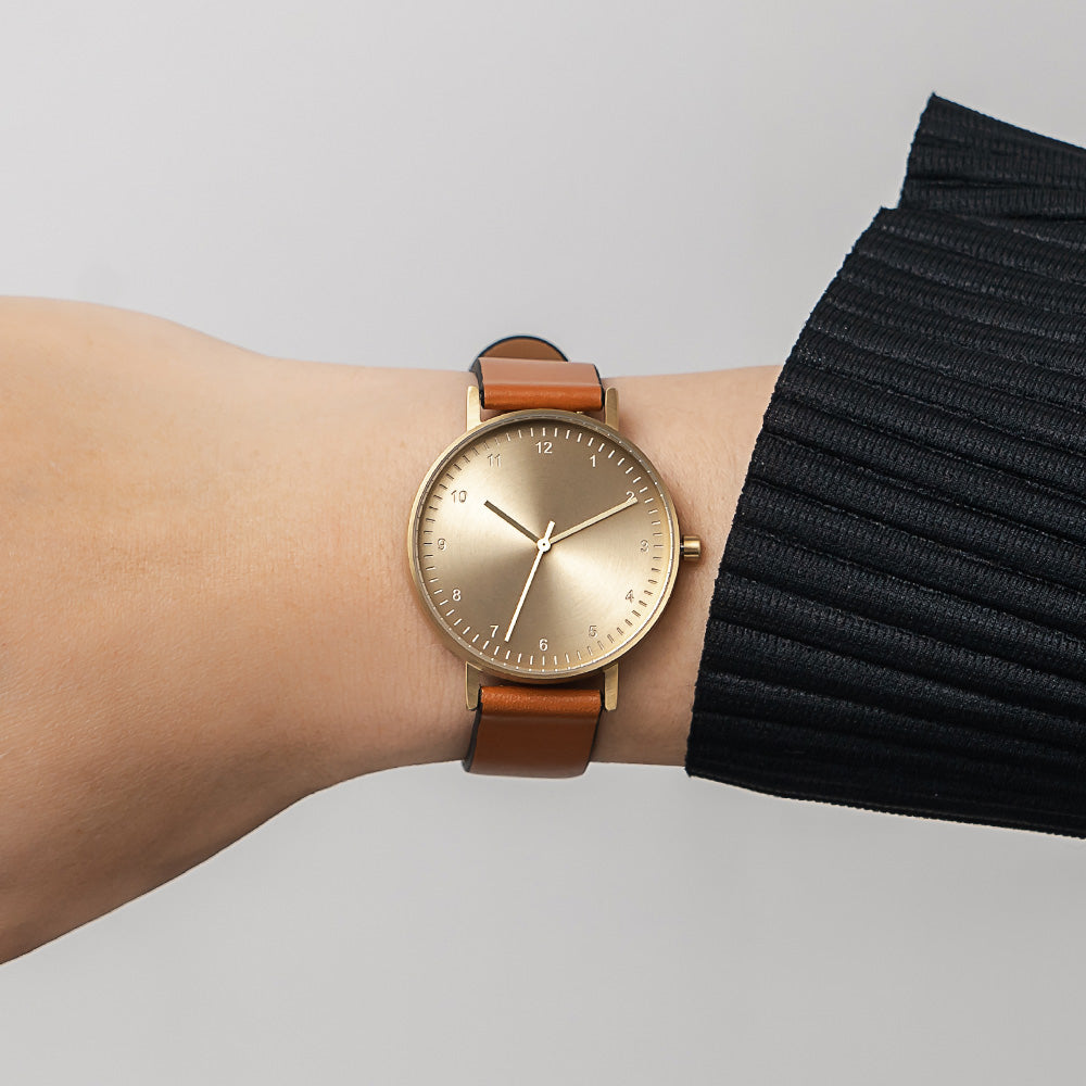 B60 Watch, Gold Case, Gold Dial, Leather Strap - Tan