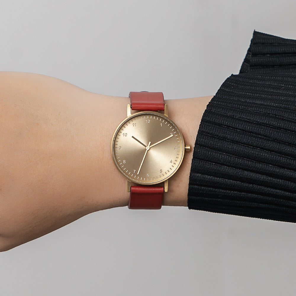 B60 Watch, Gold Case, Gold Dial, Leather Strap - Red