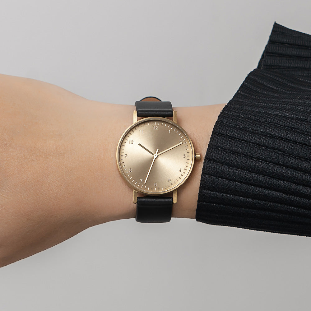 B60 Watch, Gold Case, Gold Dial, Leather Strap - Black