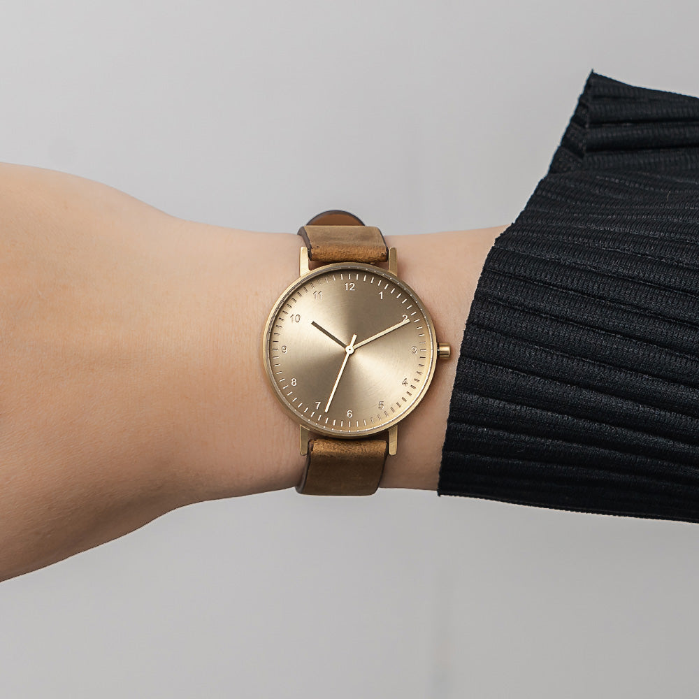 B60 Watch, Gold Case, Gold Dial, Leather Strap - Brown Suede