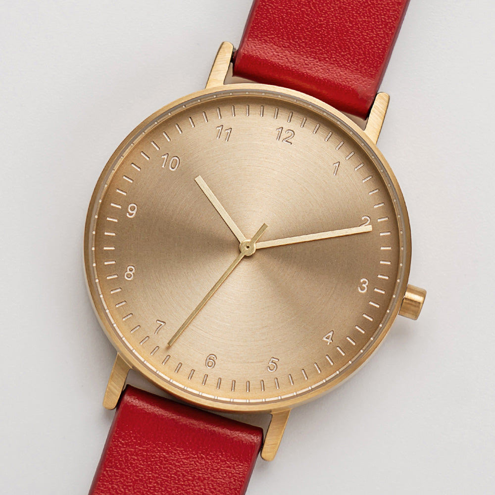 B60 Watch, Gold Case, Gold Dial, Leather Strap - Red