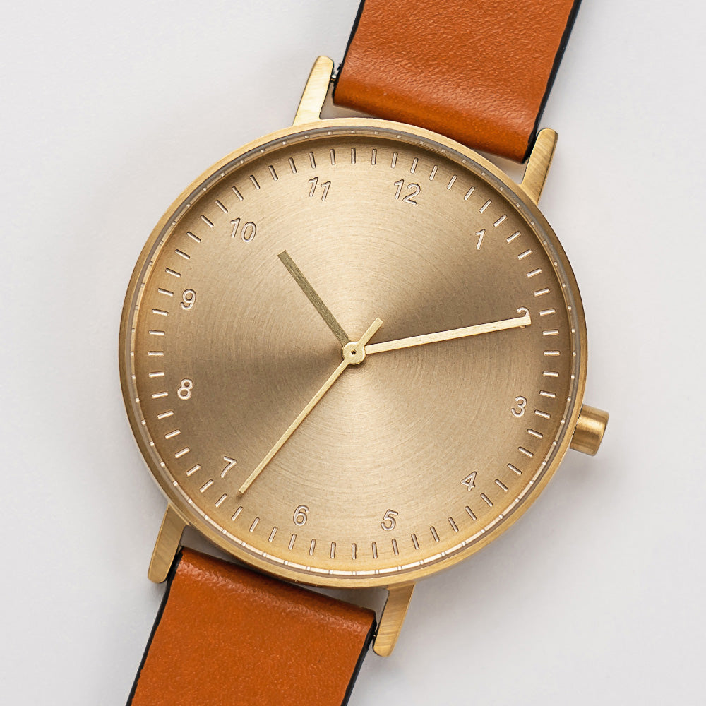 B60 Watch, Gold Case, Gold Dial, Leather Strap - Tan