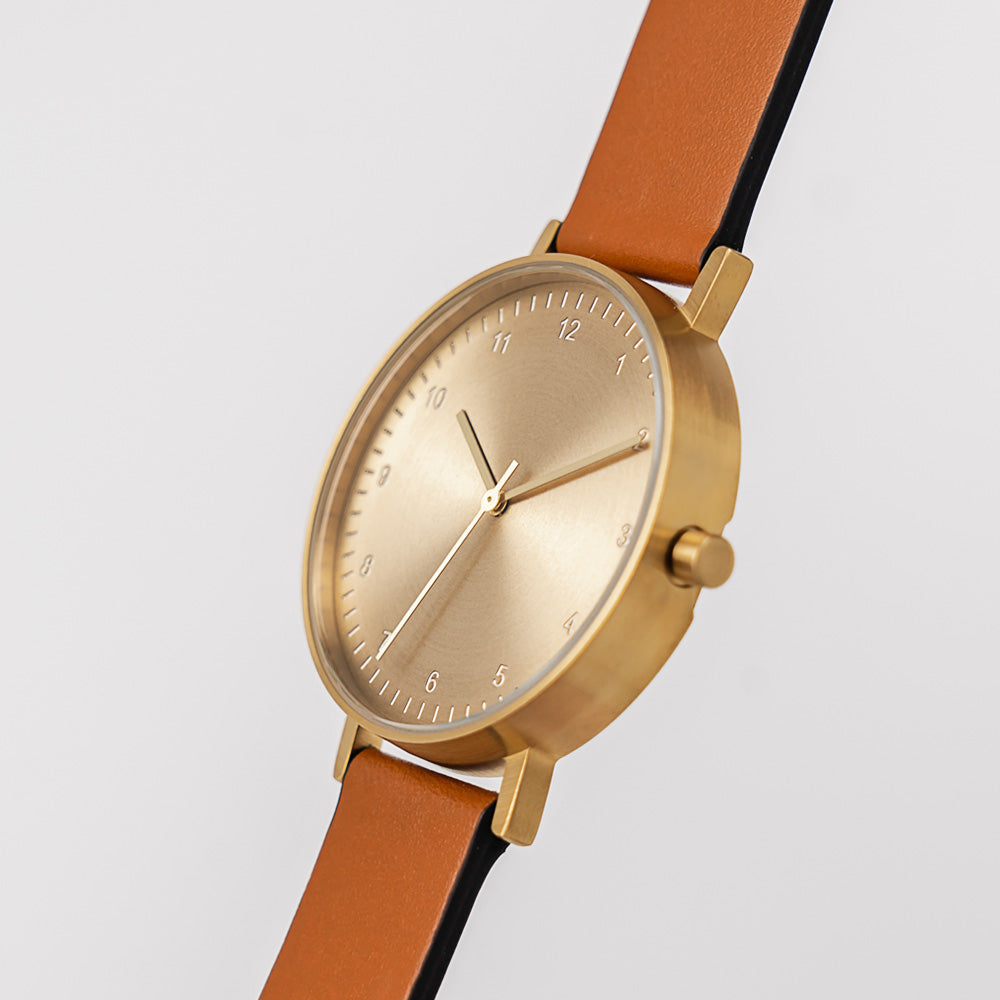B60 Watch, Gold Case, Gold Dial, Leather Strap - Tan