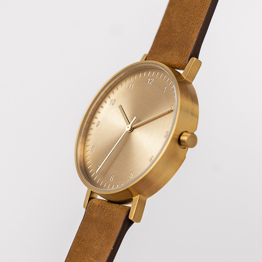 B60 Watch, Gold Case, Gold Dial, Leather Strap - Brown Suede