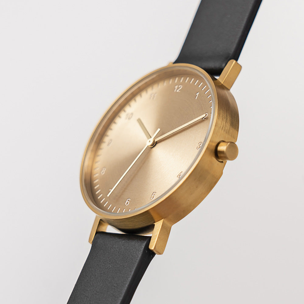 B60 Watch, Gold Case, Gold Dial, Leather Strap - Black