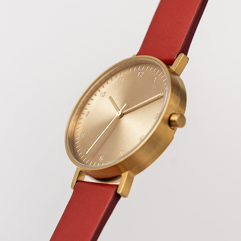 B60 Watch, Gold Case, Gold Dial, Leather Strap - Red