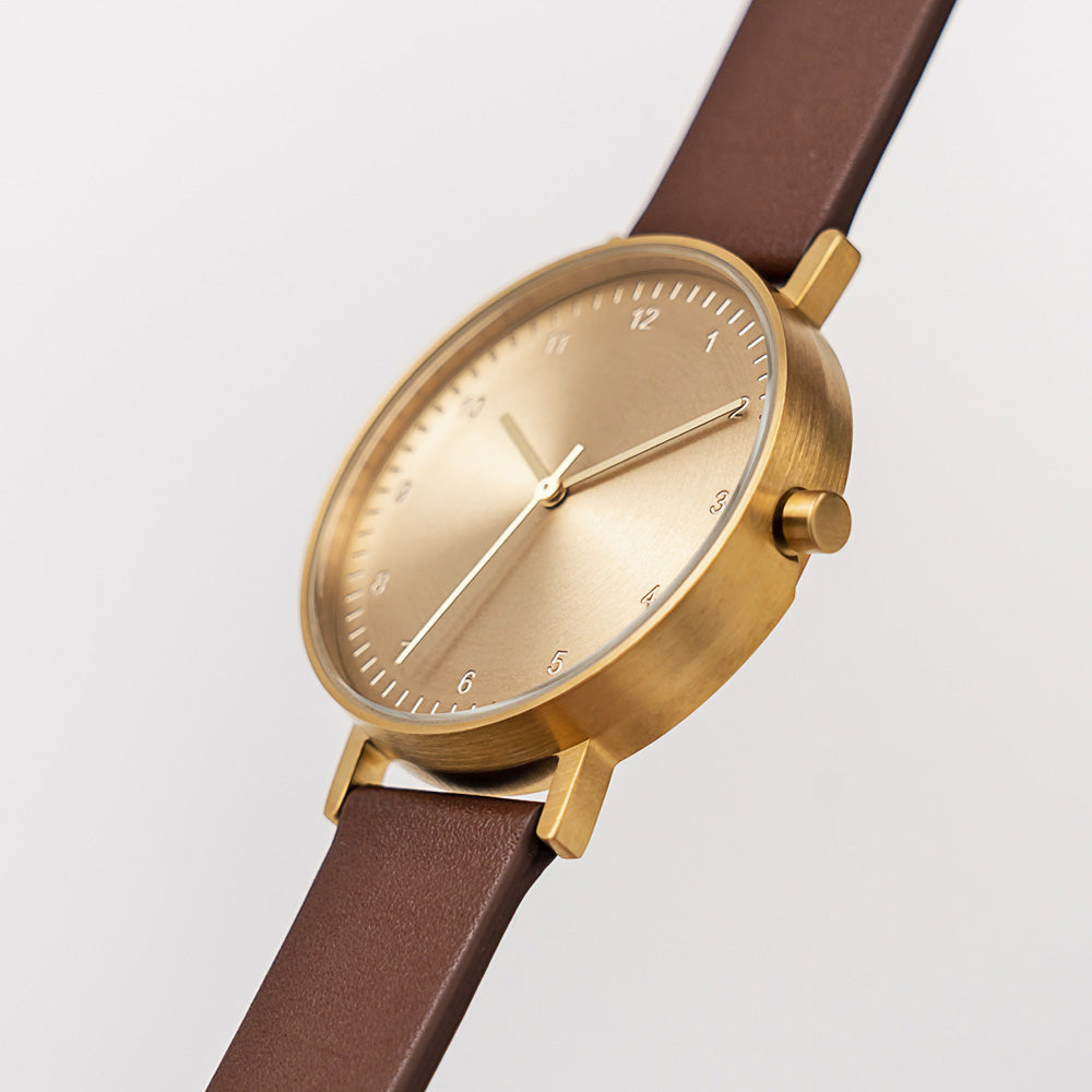 B60 Watch, Gold Case, Gold Dial, Leather Strap - Coffee