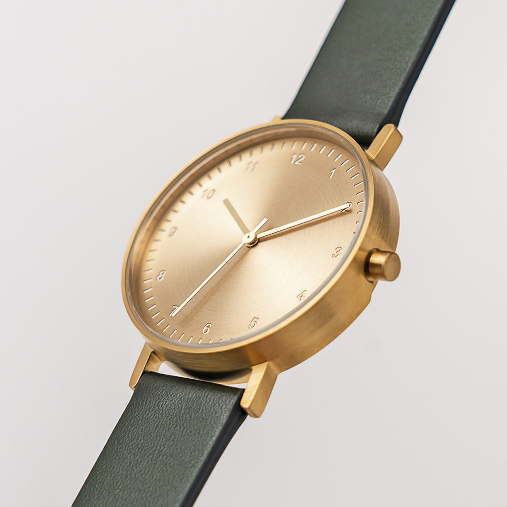 B60 Watch, Gold Case, Gold Dial, Leather Strap - Green