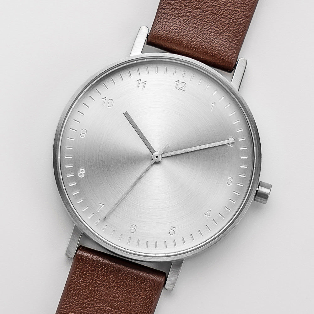 B60 Watch, Silver Case, silver Dial, Leather Strap - Coffee