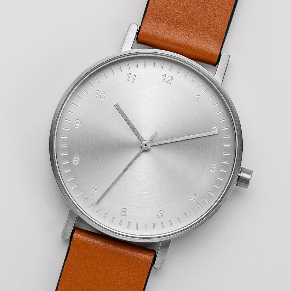 B60 Watch, Silver Case, silver Dial, Leather Strap - Tan
