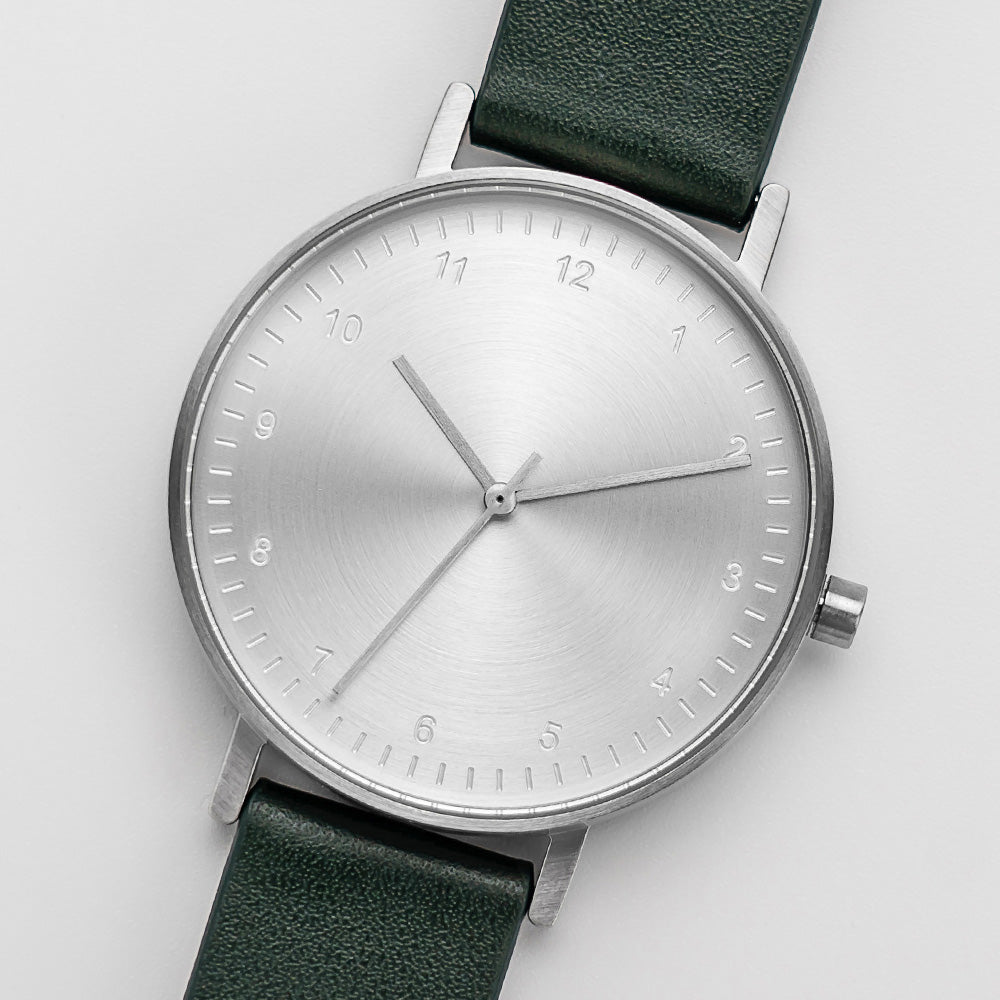 B60 Watch, Silver Case, silver Dial, Leather Strap - Green