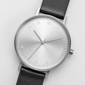 B60 Watch, Silver Case, silver Dial, Leather Strap - Black