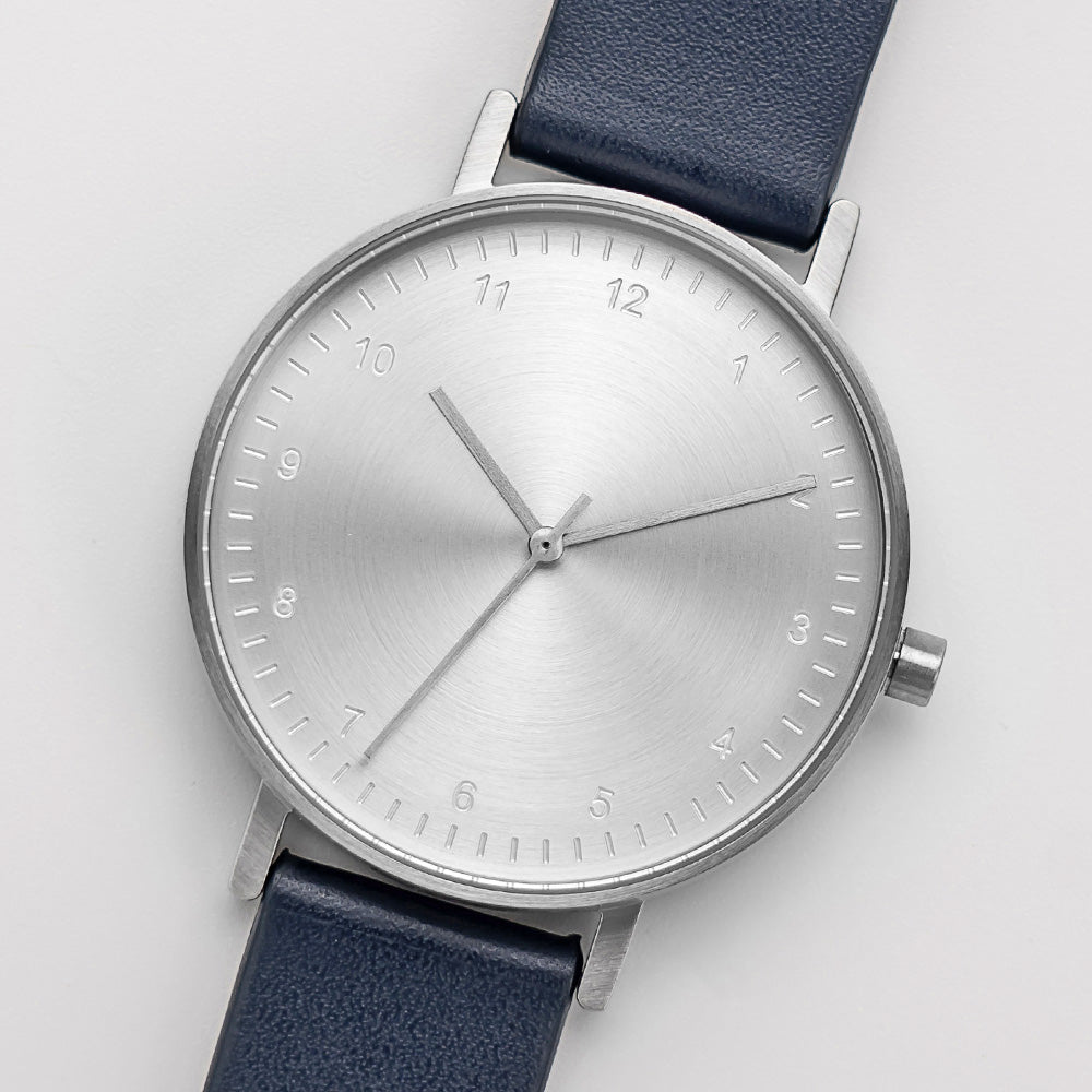 B60 Watch, Silver Case, silver Dial, Leather Strap - Navy