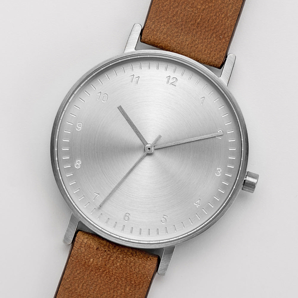 B60 Watch, Silver Case, silver Dial, Leather Strap - Brown Suede
