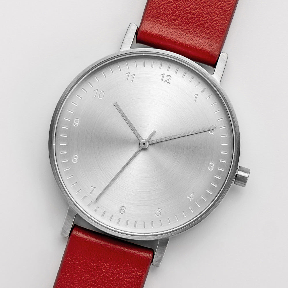 B60 Watch, Silver Case, silver Dial, Leather Strap - Red