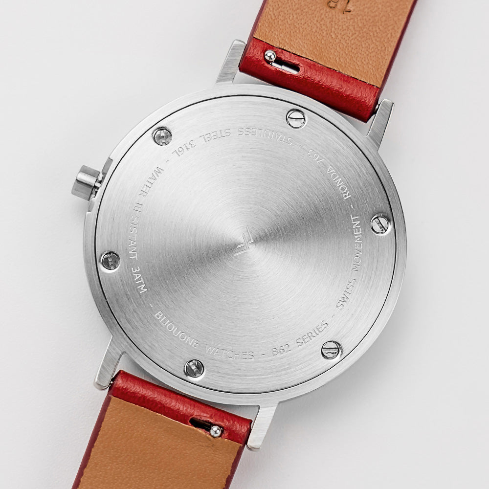 B60 Watch, Silver Case, silver Dial, Leather Strap - Red