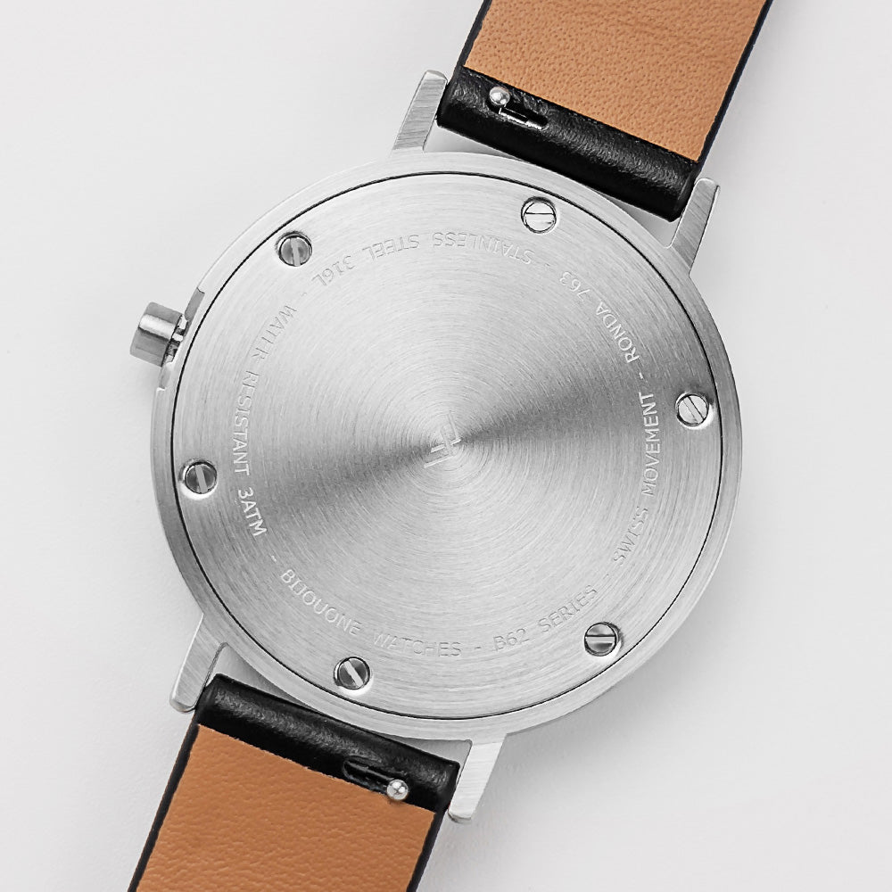 B60 Watch, Silver Case, silver Dial, Leather Strap - Black