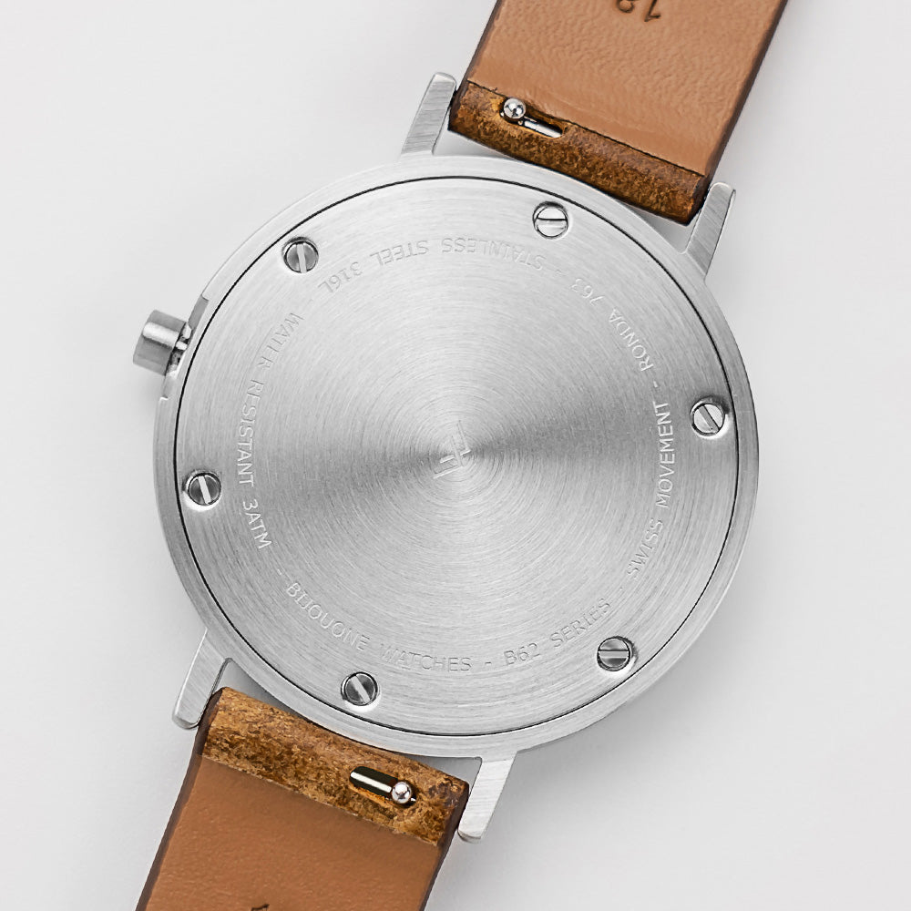 B60 Watch, Silver Case, silver Dial, Leather Strap - Brown Suede