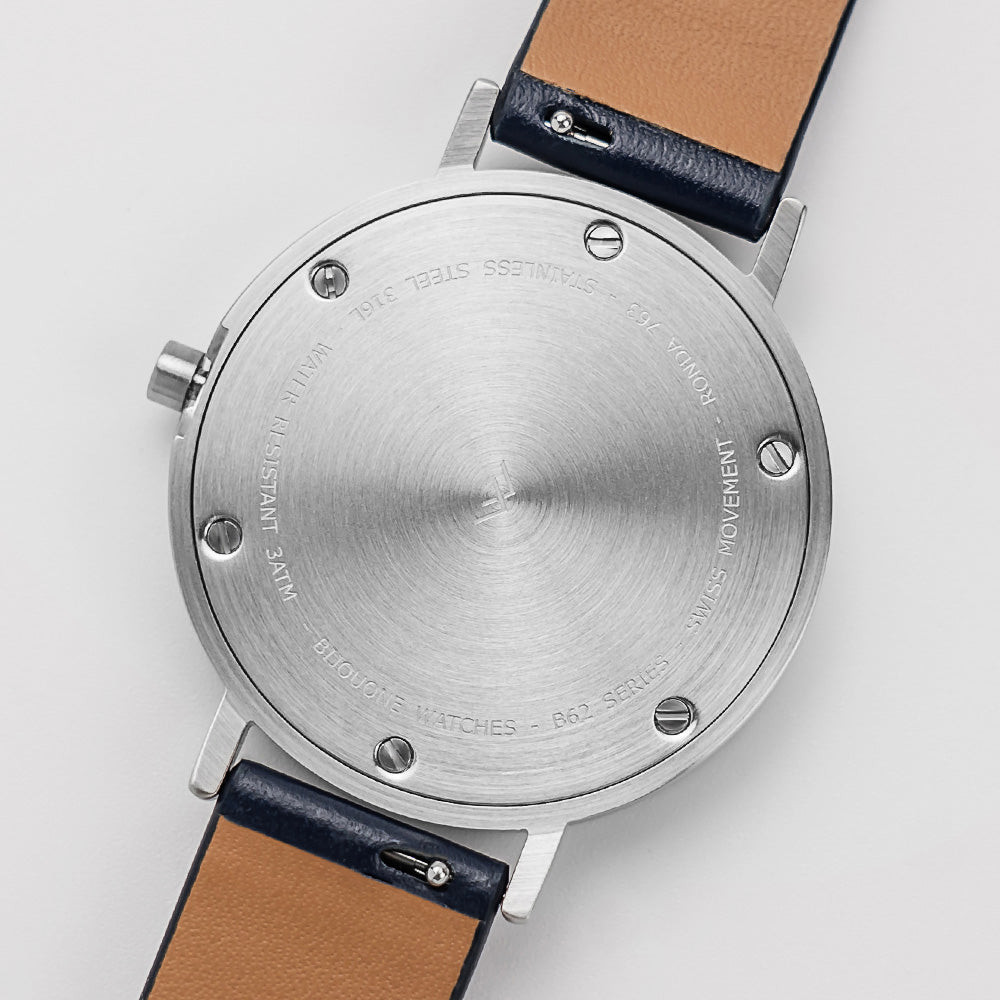 B60 Watch, Silver Case, silver Dial, Leather Strap - Navy