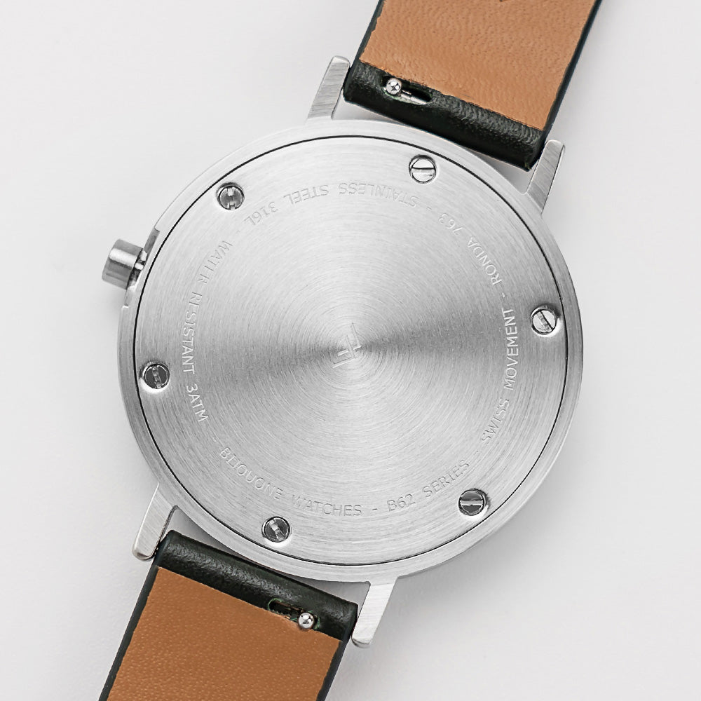 B60 Watch, Silver Case, silver Dial, Leather Strap - Green