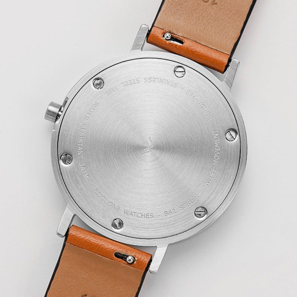 B60 Watch, Silver Case, silver Dial, Leather Strap - Tan
