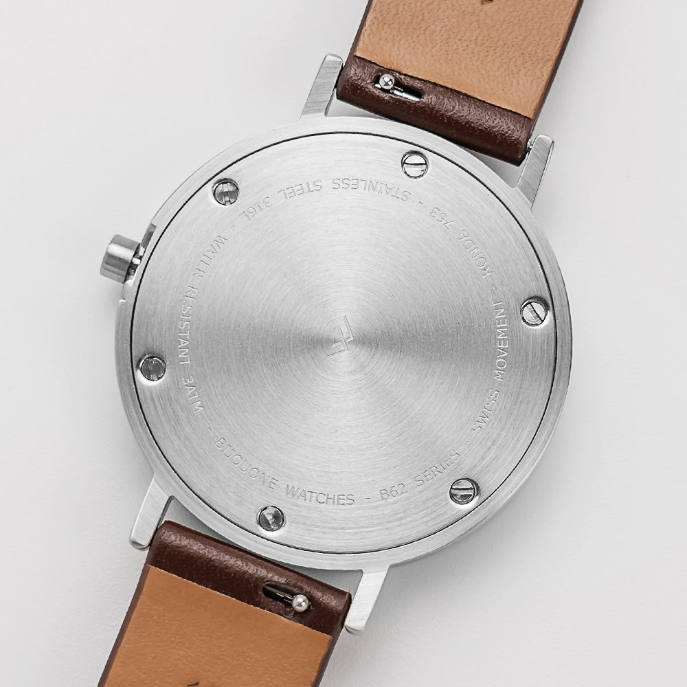B60 Watch, Silver Case, silver Dial, Leather Strap - Coffee