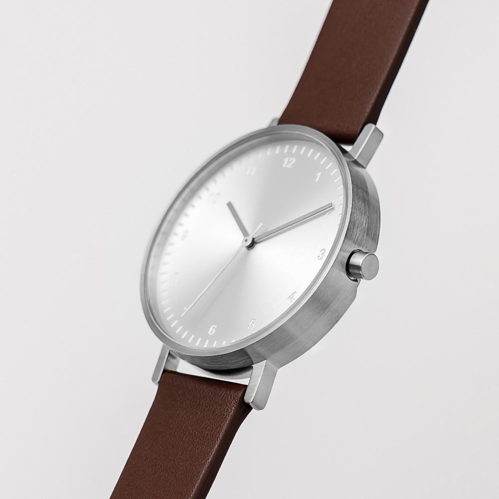 B60 Watch, Silver Case, silver Dial, Leather Strap - Coffee