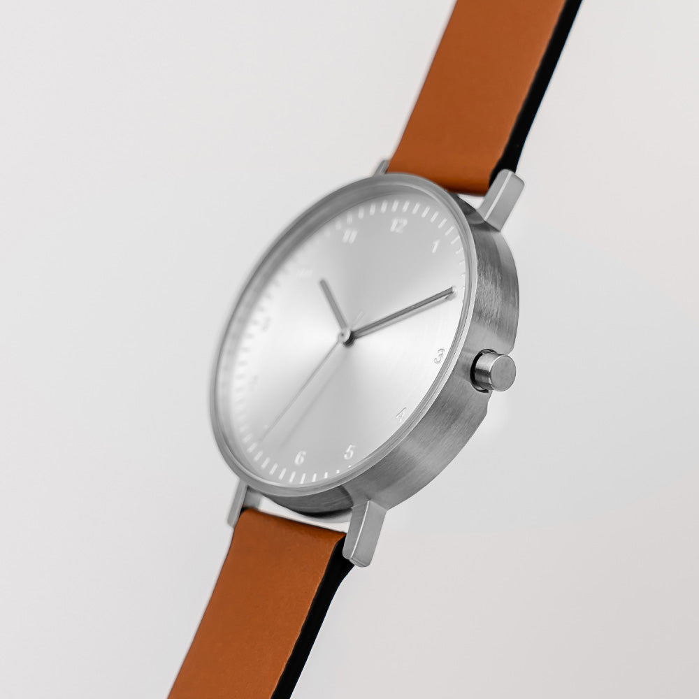 B60 Watch, Silver Case, silver Dial, Leather Strap - Tan