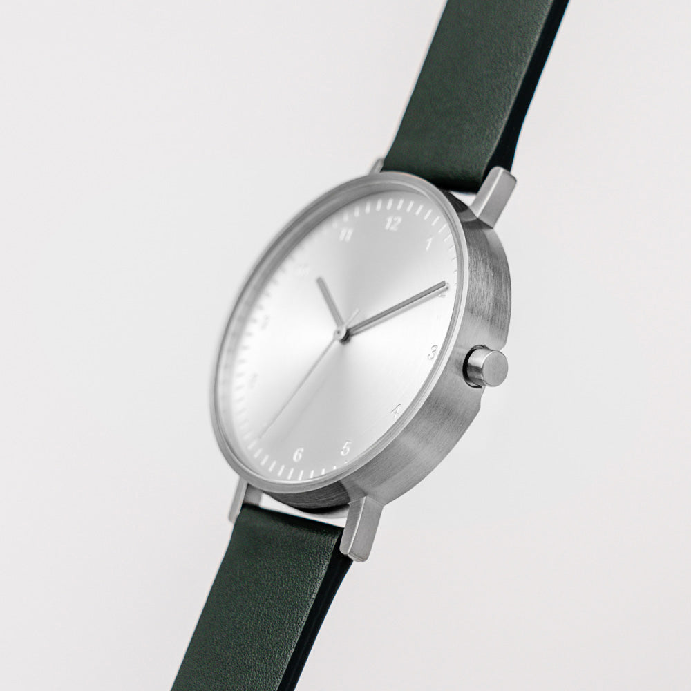 B60 Watch, Silver Case, silver Dial, Leather Strap - Green