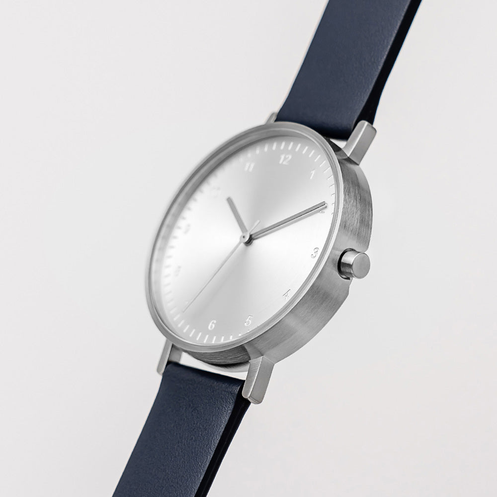 B60 Watch, Silver Case, silver Dial, Leather Strap - Navy