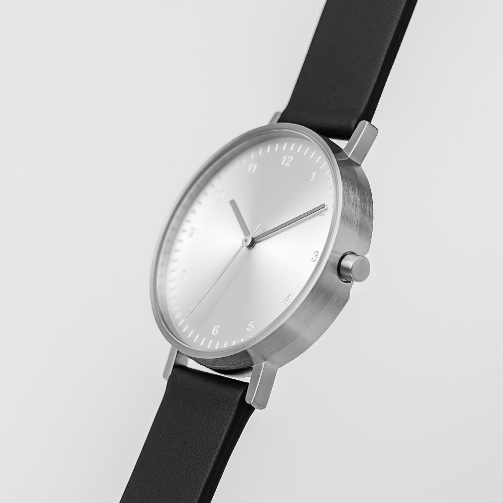 B60 Watch, Silver Case, silver Dial, Leather Strap - Black