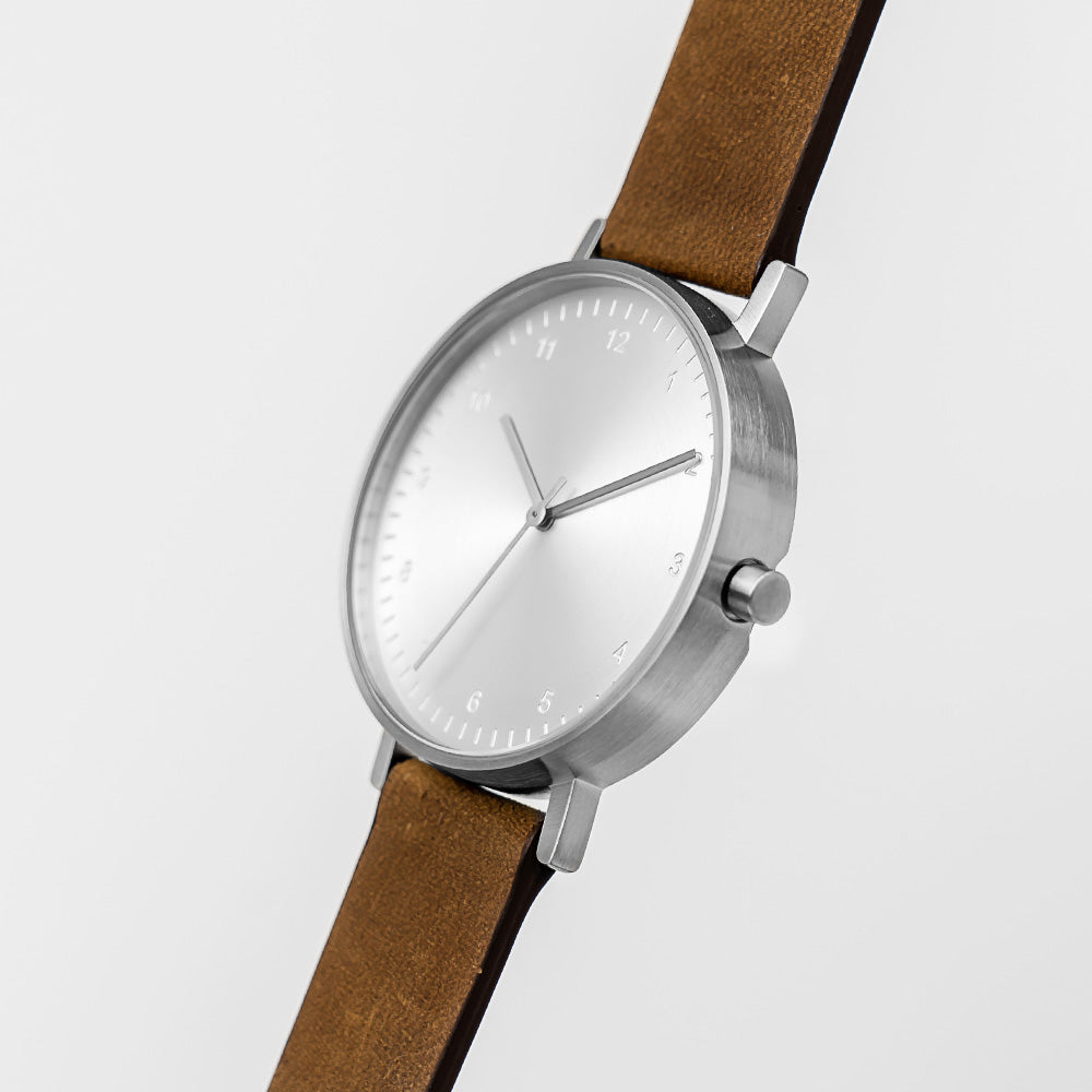 B60 Watch, Silver Case, silver Dial, Leather Strap - Brown Suede