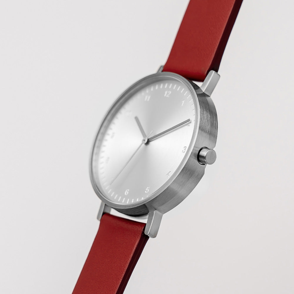 B60 Watch, Silver Case, silver Dial, Leather Strap - Red