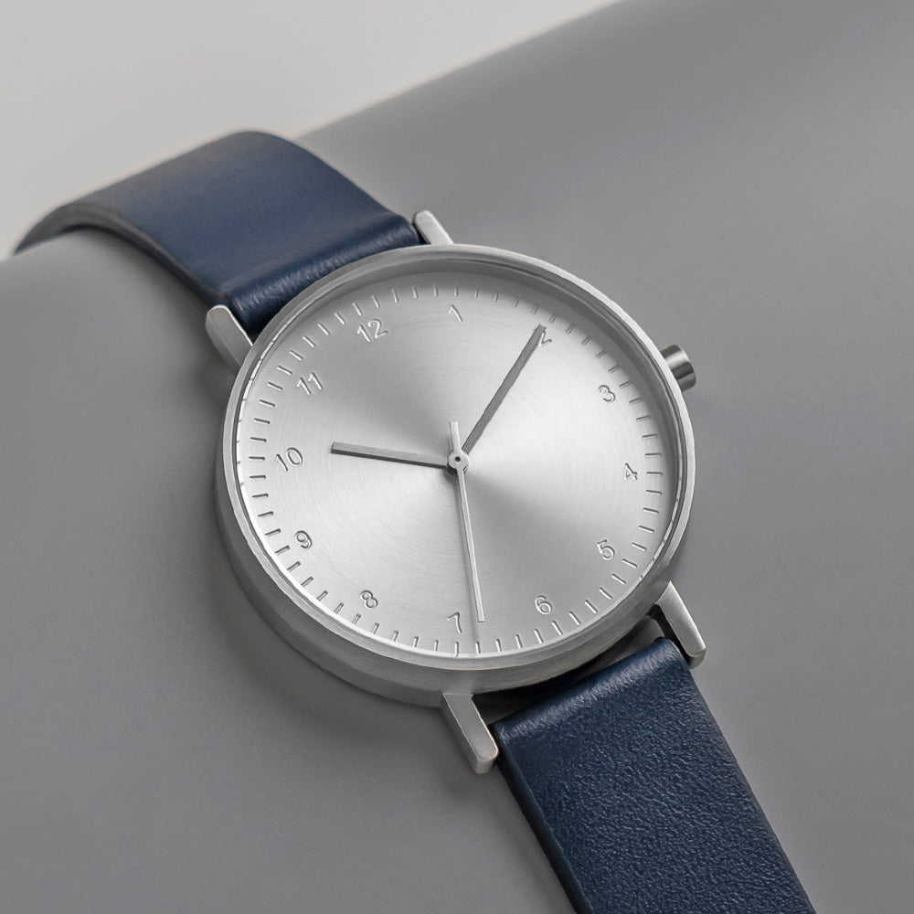 B60 Watch, Silver Case, silver Dial, Leather Strap - Navy