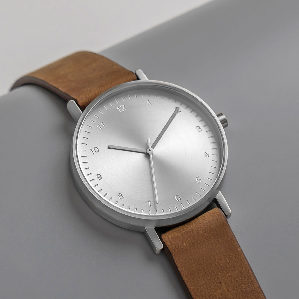 B60 Watch, Silver Case, silver Dial, Leather Strap - Brown Suede