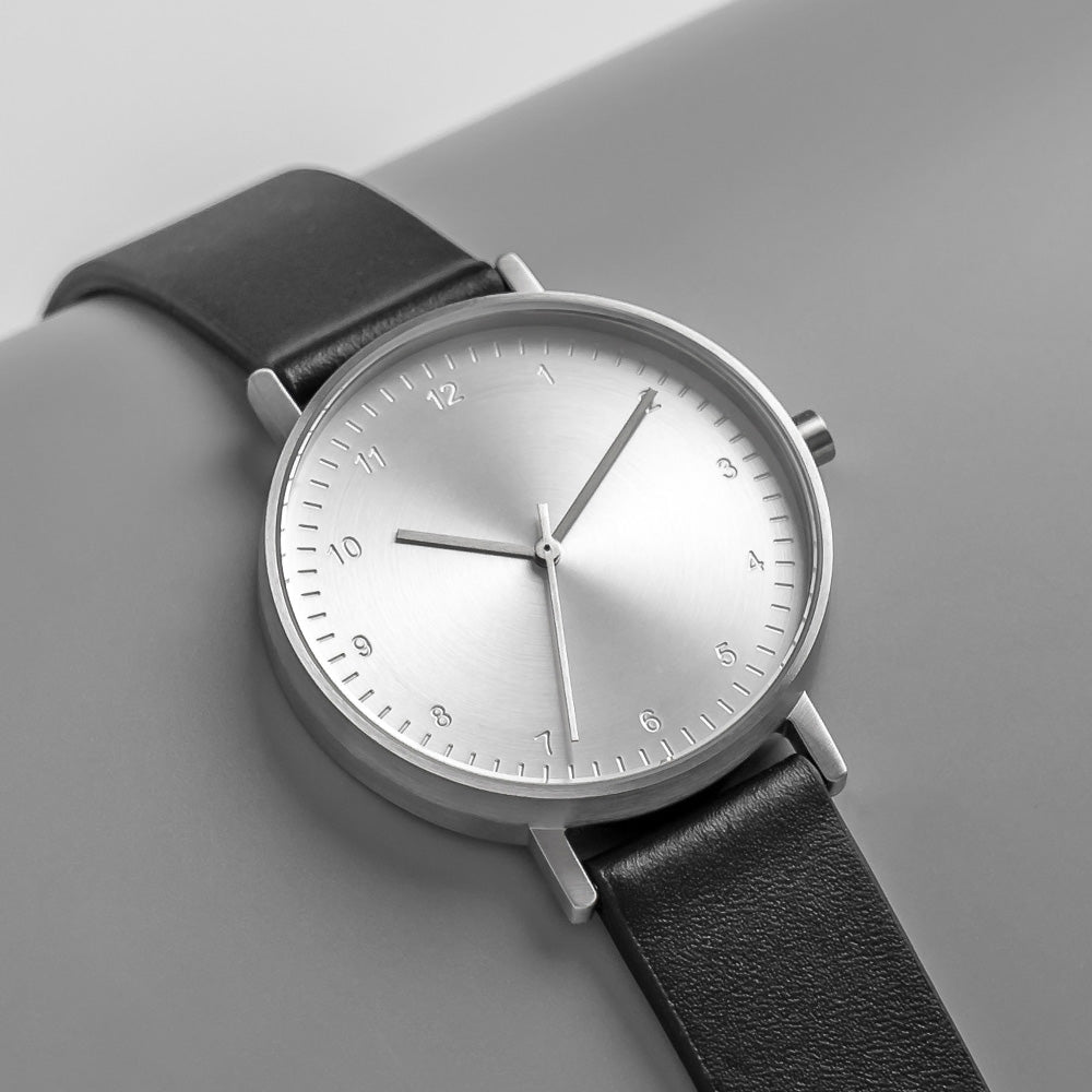 B60 Watch, Silver Case, silver Dial, Leather Strap - Black