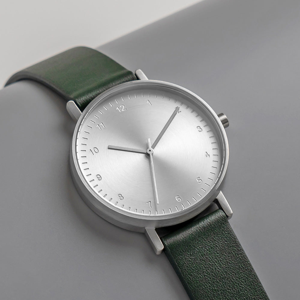 B60 Watch, Silver Case, silver Dial, Leather Strap - Green