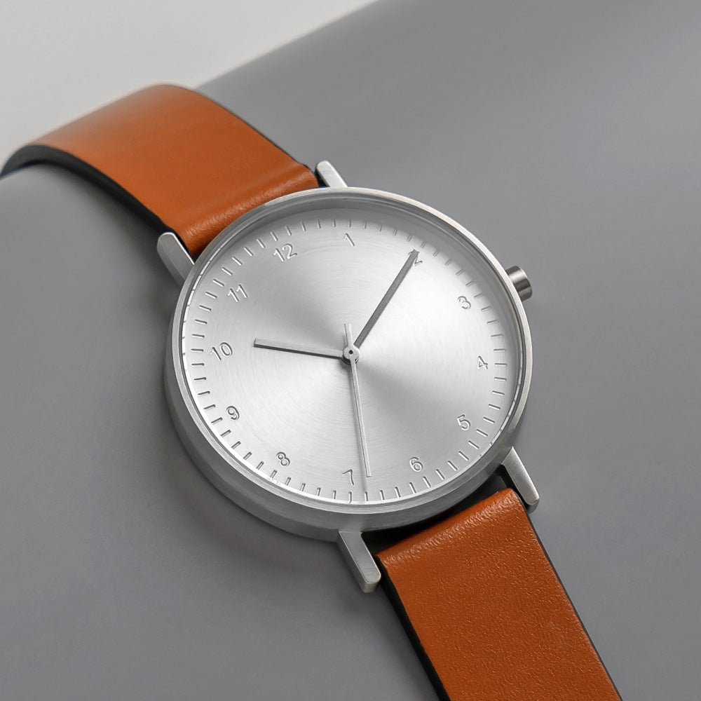 B60 Watch, Silver Case, silver Dial, Leather Strap - Tan