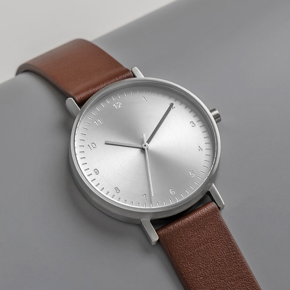 B60 Watch, Silver Case, silver Dial, Leather Strap - Coffee