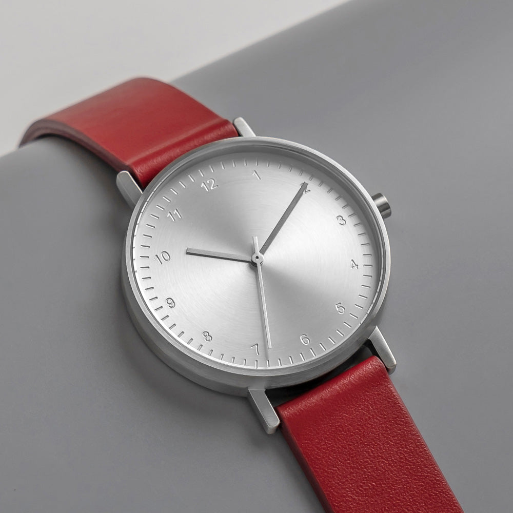 B60 Watch, Silver Case, silver Dial, Leather Strap - Red