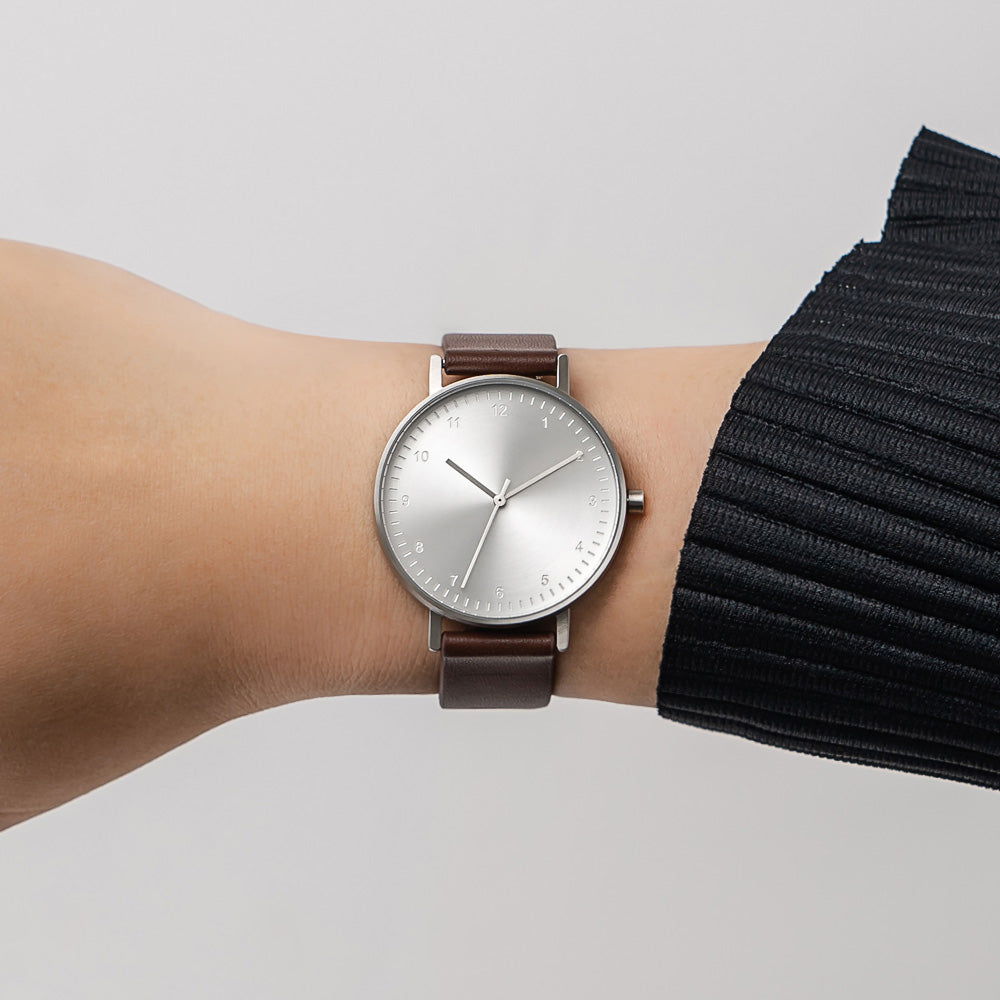 B60 Watch, Silver Case, silver Dial, Leather Strap - Coffee