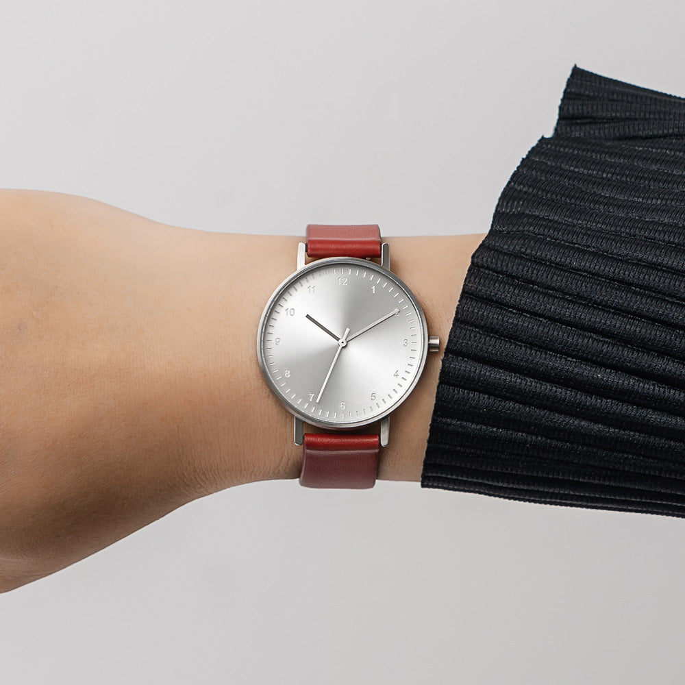 B60 Watch, Silver Case, silver Dial, Leather Strap - Red