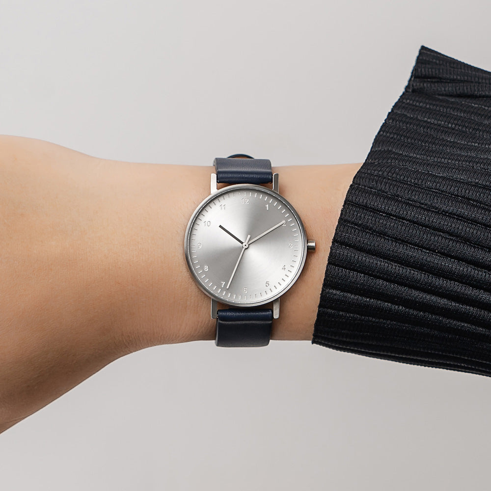 B60 Watch, Silver Case, silver Dial, Leather Strap - Navy