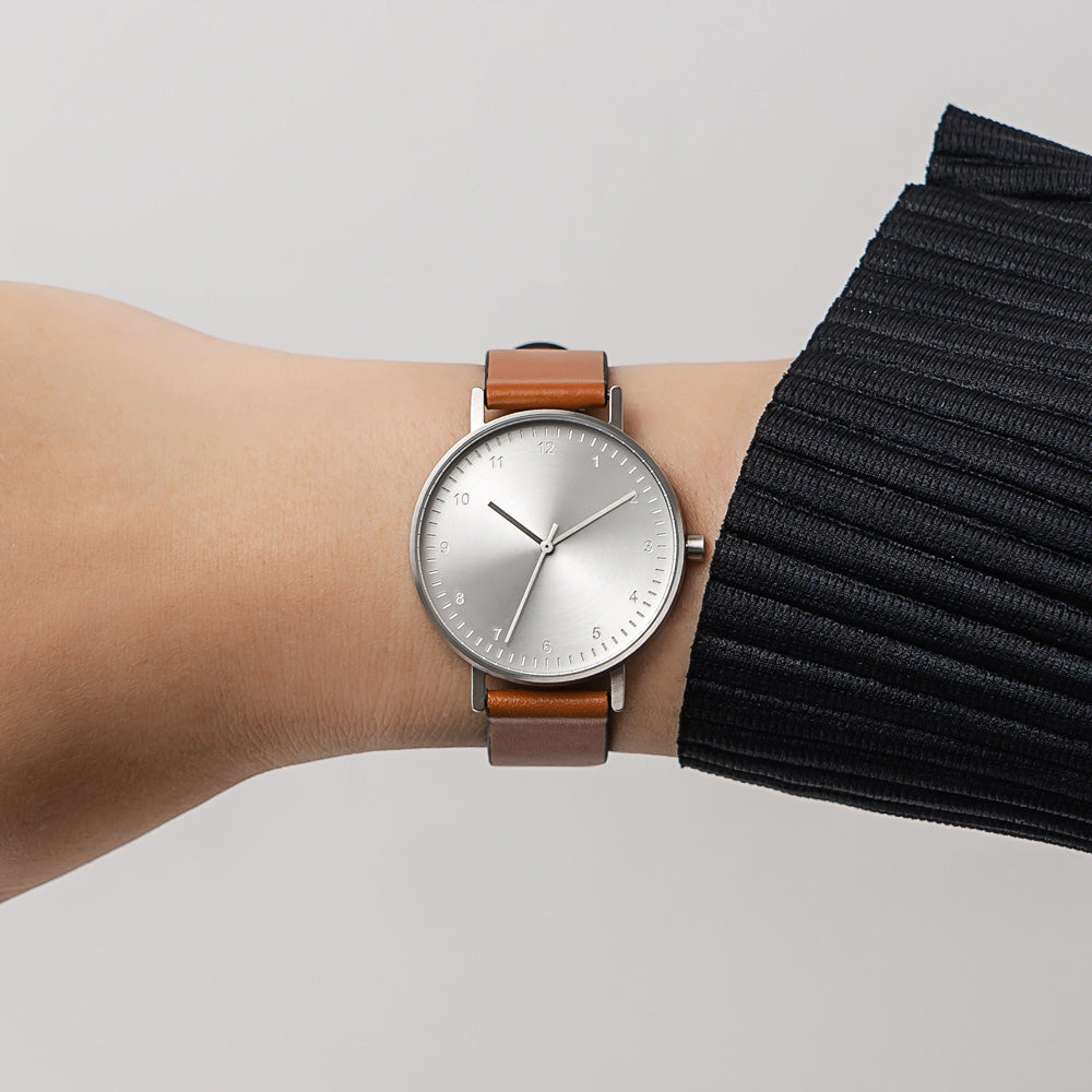 B60 Watch, Silver Case, silver Dial, Leather Strap - Tan