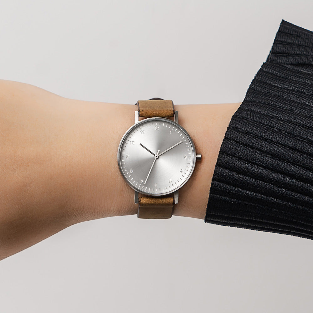 B60 Watch, Silver Case, silver Dial, Leather Strap - Brown Suede
