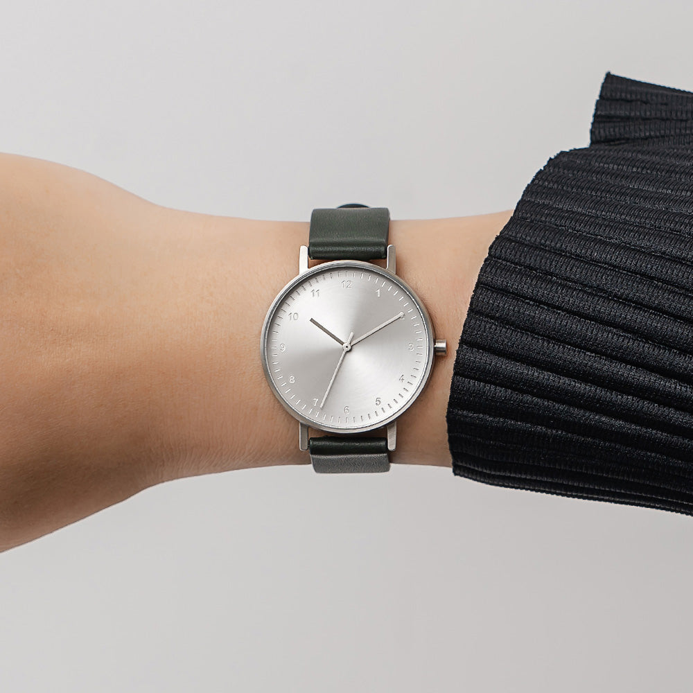 B60 Watch, Silver Case, silver Dial, Leather Strap - Green