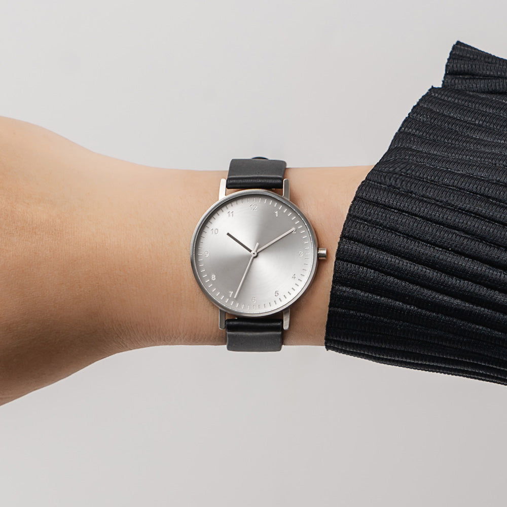 B60 Watch, Silver Case, silver Dial, Leather Strap - Black