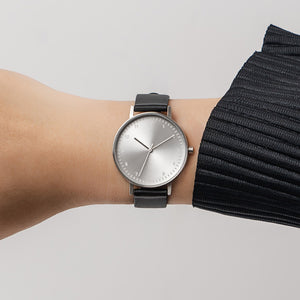 B60 Watch, Silver Case, silver Dial, Leather Strap - Black