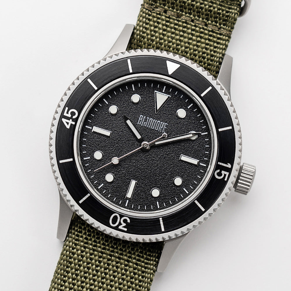 C01 Watch, Matte Silver Case, Black Dial, Sapphire Crystal Glass, Luminous, Nylon Strap